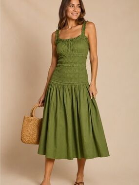 Caroline Constas Smocked Olive Green Midi Sundress with Ruffled Straps